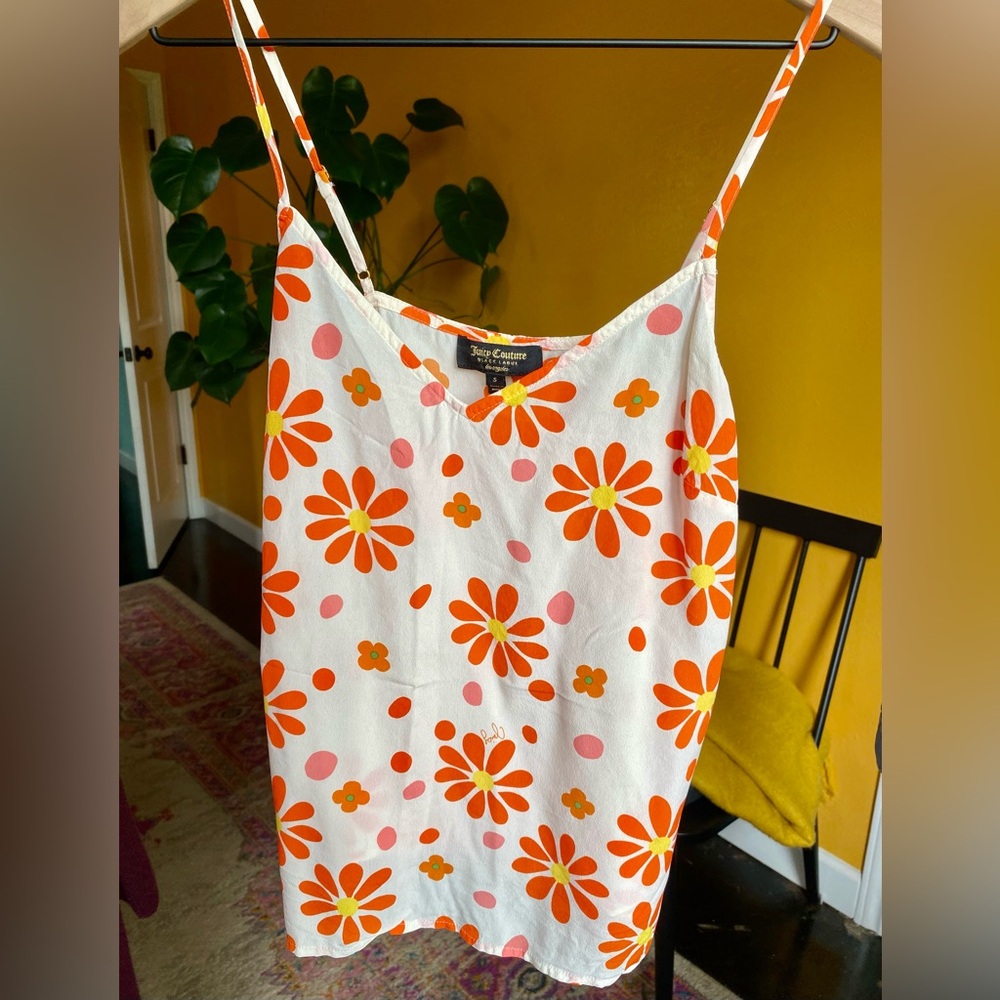 Vintage Juicy Couture Black Label Silk Top White Orange 70s Floral Size Small